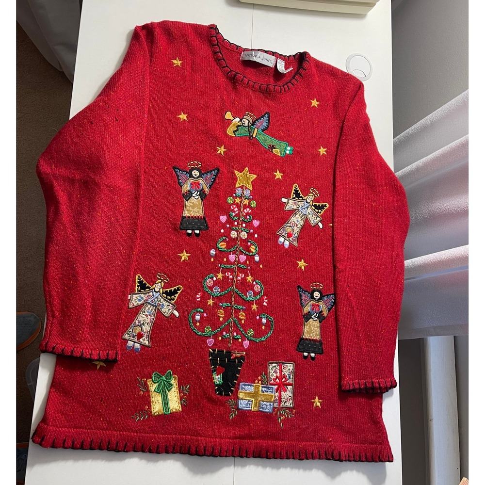 Victoria‎ Jones Red Christmas Angel Tree Wool Blend Sweater Tunic Embroidered L